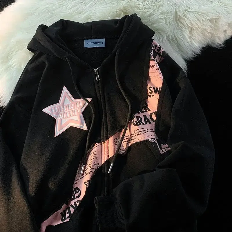 Girlary Y2K Women Men Hoodies Vintage Korean Streetwear Star Harajuku Zipper Jacket Kpop Hip Hop Sweatshirt Top Coat TShirt Clothes