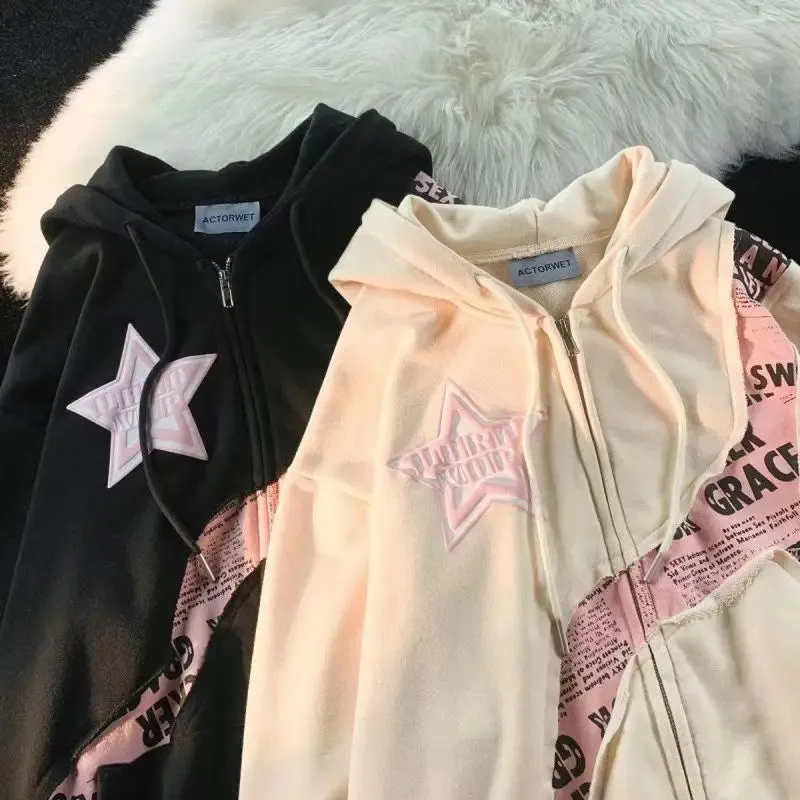 Girlary Y2K Women Men Hoodies Vintage Korean Streetwear Star Harajuku Zipper Jacket Kpop Hip Hop Sweatshirt Top Coat TShirt Clothes