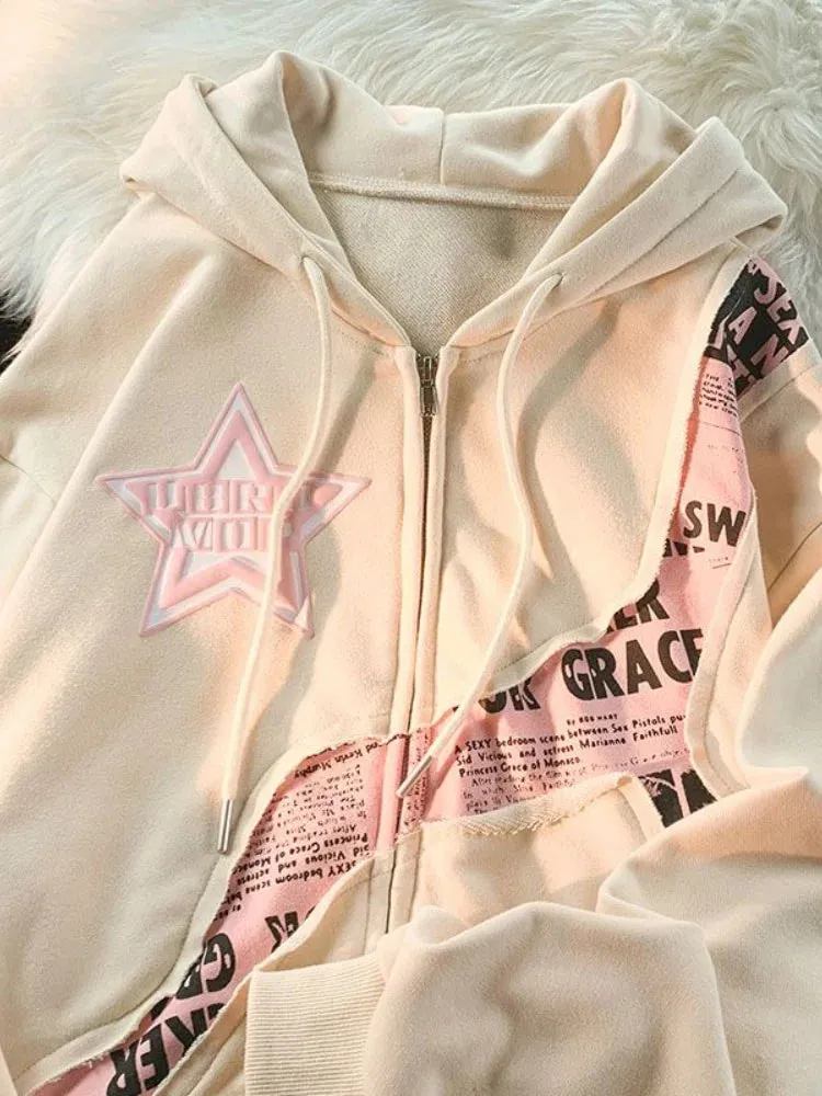 Girlary Y2K Women Men Hoodies Vintage Korean Streetwear Star Harajuku Zipper Jacket Kpop Hip Hop Sweatshirt Top Coat TShirt Clothes