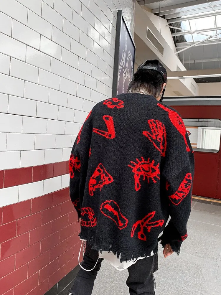 Harajuku Knitted Sweaters Men Hip Hop Loose Pullover Letter Printed Sweater Streetwear Male Winter Knitwear Clothing Cotton Coat