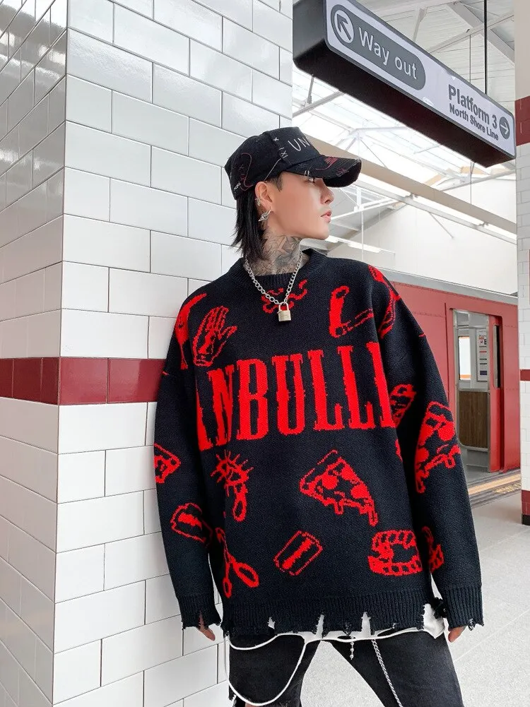 Harajuku Knitted Sweaters Men Hip Hop Loose Pullover Letter Printed Sweater Streetwear Male Winter Knitwear Clothing Cotton Coat