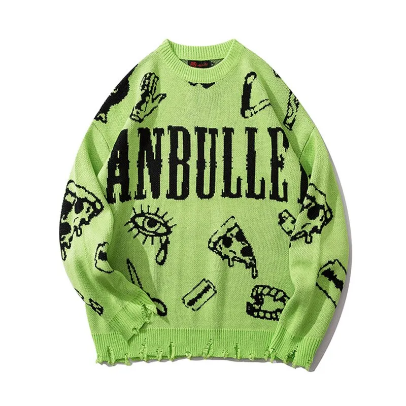 Harajuku Knitted Sweaters Men Hip Hop Loose Pullover Letter Printed Sweater Streetwear Male Winter Knitwear Clothing Cotton Coat