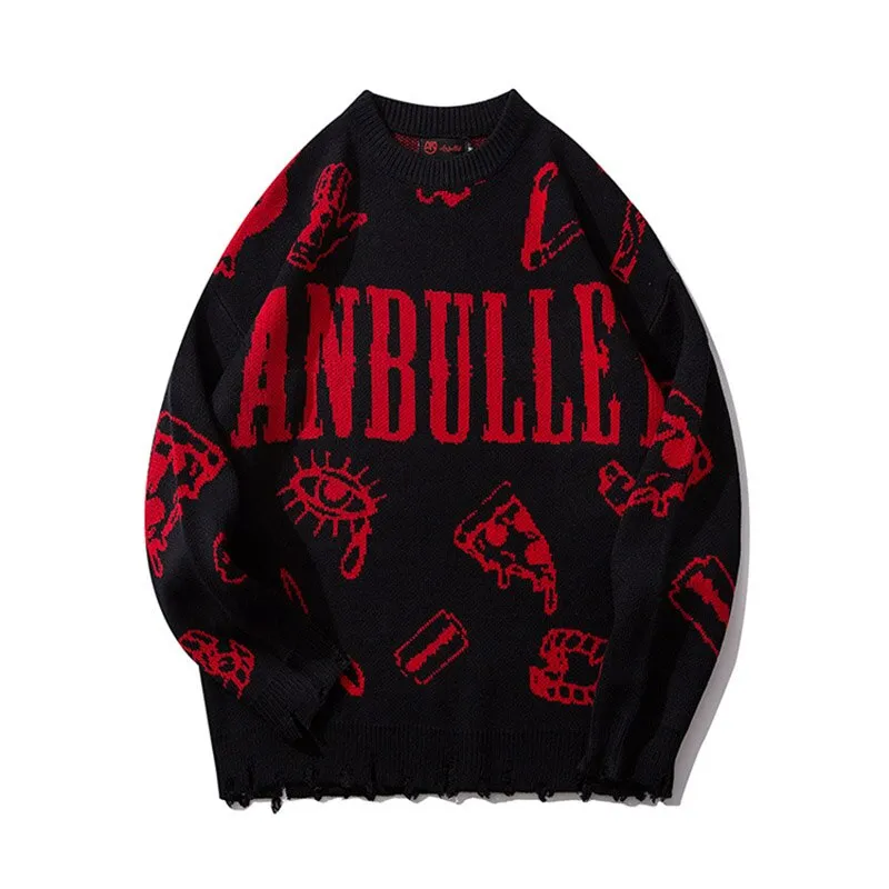 Harajuku Knitted Sweaters Men Hip Hop Loose Pullover Letter Printed Sweater Streetwear Male Winter Knitwear Clothing Cotton Coat