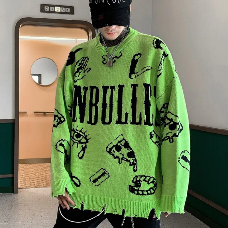Harajuku Knitted Sweaters Men Hip Hop Loose Pullover Letter Printed Sweater Streetwear Male Winter Knitwear Clothing Cotton Coat