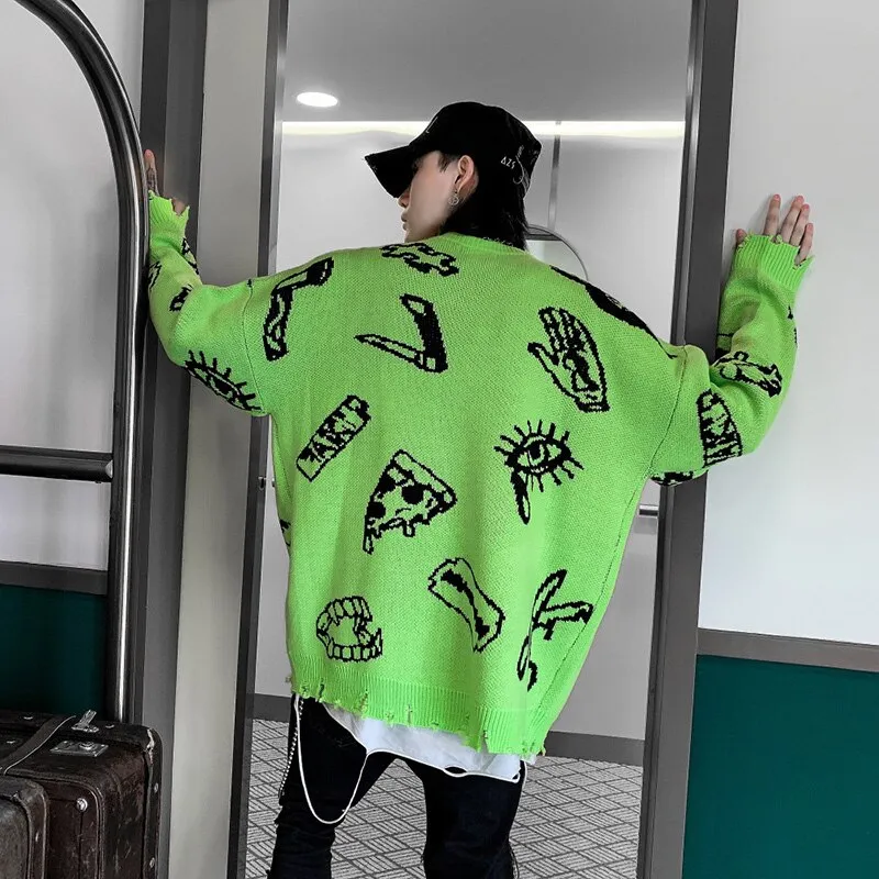Harajuku Knitted Sweaters Men Hip Hop Loose Pullover Letter Printed Sweater Streetwear Male Winter Knitwear Clothing Cotton Coat