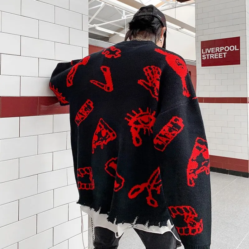 Harajuku Knitted Sweaters Men Hip Hop Loose Pullover Letter Printed Sweater Streetwear Male Winter Knitwear Clothing Cotton Coat