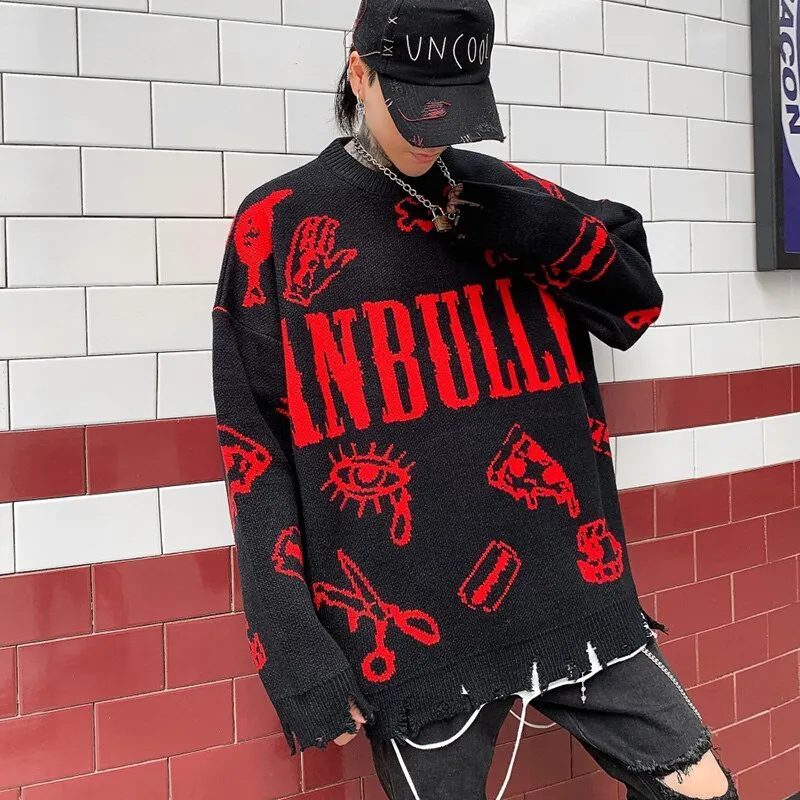Harajuku Knitted Sweaters Men Hip Hop Loose Pullover Letter Printed Sweater Streetwear Male Winter Knitwear Clothing Cotton Coat
