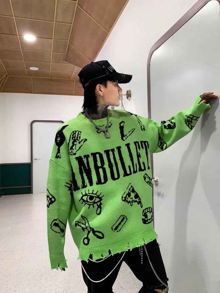 Harajuku Knitted Sweaters Men Hip Hop Loose Pullover Letter Printed Sweater Streetwear Male Winter Knitwear Clothing Cotton Coat
