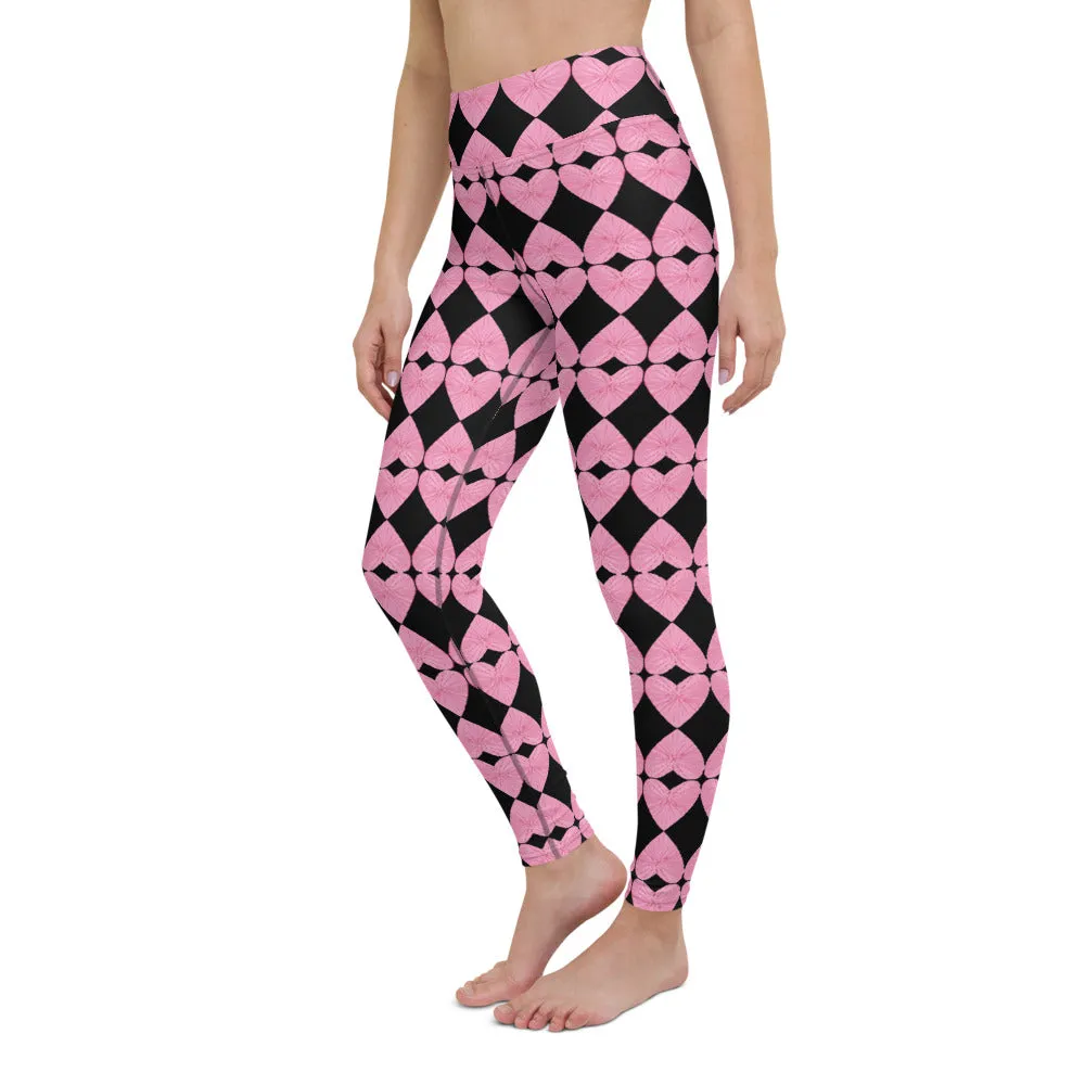 Harlequin Hearts Pink and Black High-Waisted Yoga Leggings