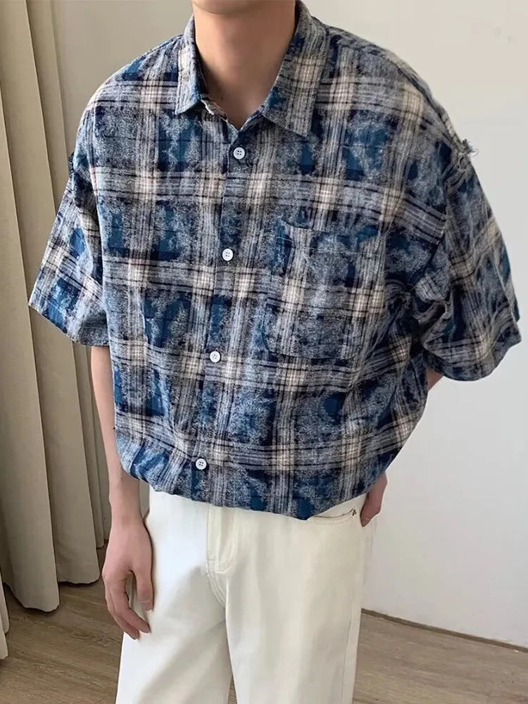 Hnzxzm Harajuku Plaid Shirts Coat Men Oversize Short Sleeve Men's Checkered Cardigan Blouses Male Japanese Streetwear Hip Hop