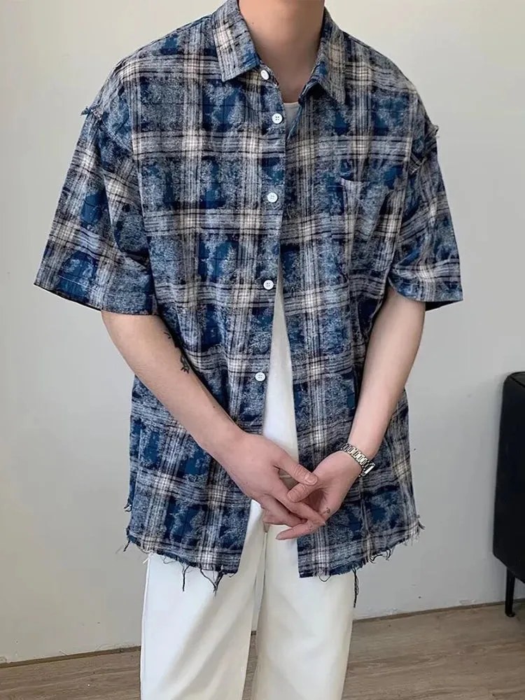 Hnzxzm Harajuku Plaid Shirts Coat Men Oversize Short Sleeve Men's Checkered Cardigan Blouses Male Japanese Streetwear Hip Hop