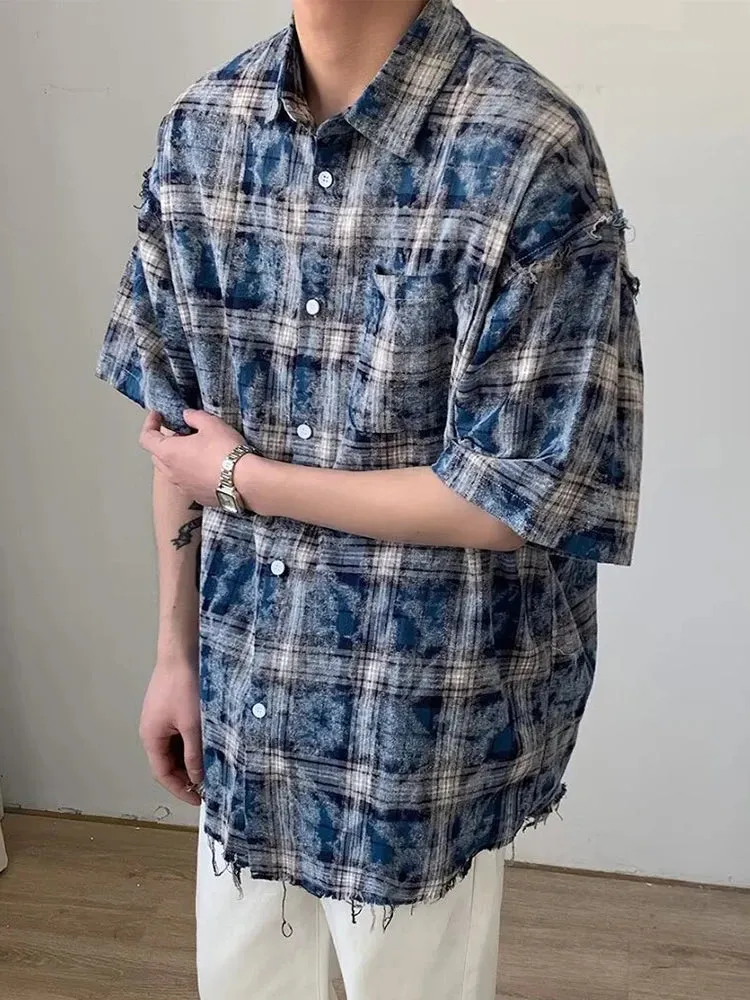 Hnzxzm Harajuku Plaid Shirts Coat Men Oversize Short Sleeve Men's Checkered Cardigan Blouses Male Japanese Streetwear Hip Hop
