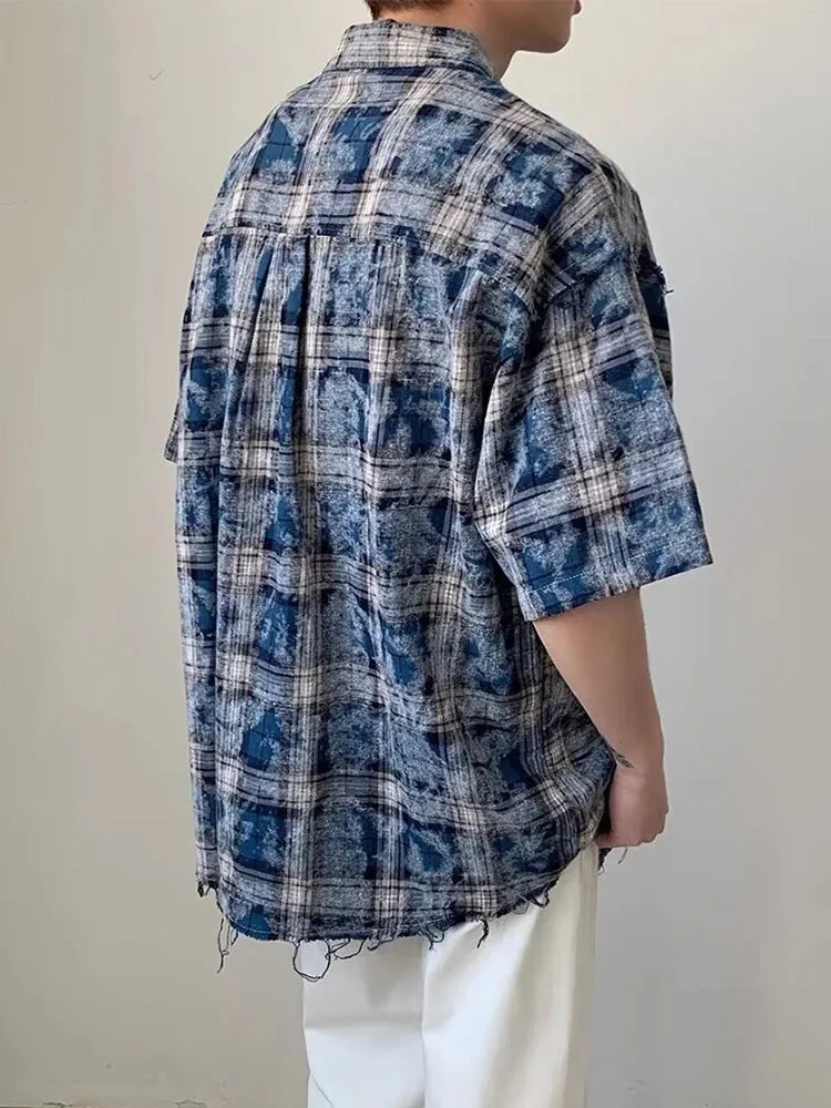 Hnzxzm Harajuku Plaid Shirts Coat Men Oversize Short Sleeve Men's Checkered Cardigan Blouses Male Japanese Streetwear Hip Hop