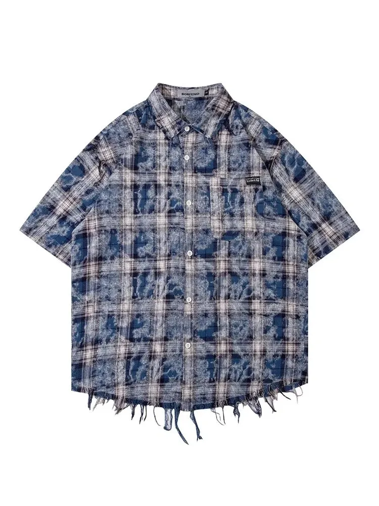 Hnzxzm Harajuku Plaid Shirts Coat Men Oversize Short Sleeve Men's Checkered Cardigan Blouses Male Japanese Streetwear Hip Hop