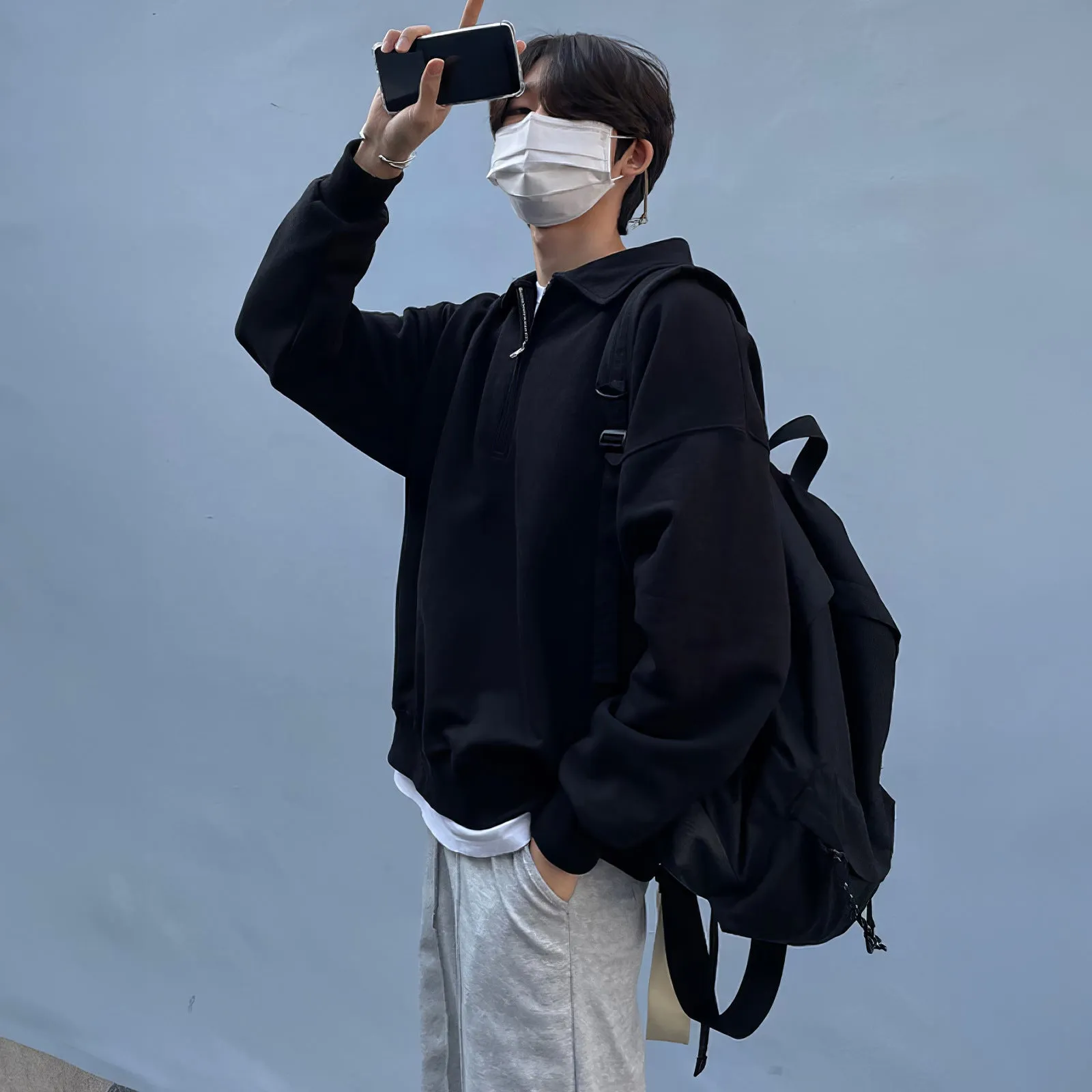 Jinquedai streetwear men outfits Black Half Zipper Lapel Sweater Men's Autumn New Korean Style Casual Personality Fashion Simple Top Coat