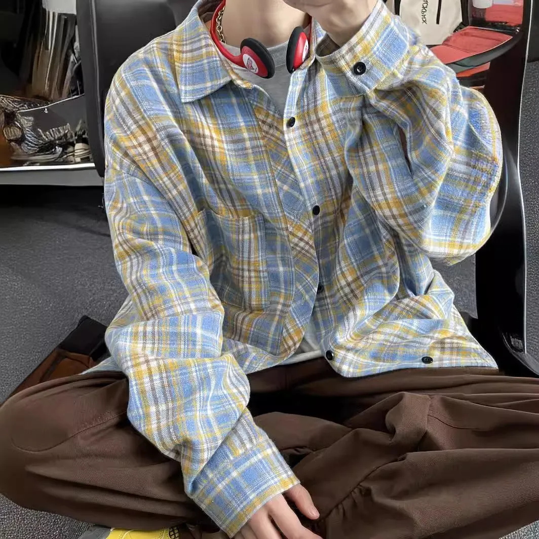 Jinquedai streetwear men outfits Japanese Retro Plaid Long-Sleeved Shirt Men's Spring and Autumn Oversize Loose plus Size Lapel Couple Coat