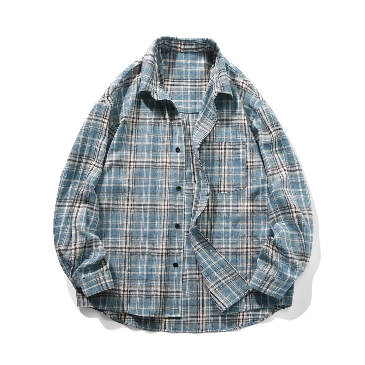 Jinquedai streetwear men outfits Japanese Retro Plaid Long-Sleeved Shirt Men's Spring and Autumn Oversize Loose plus Size Lapel Couple Coat