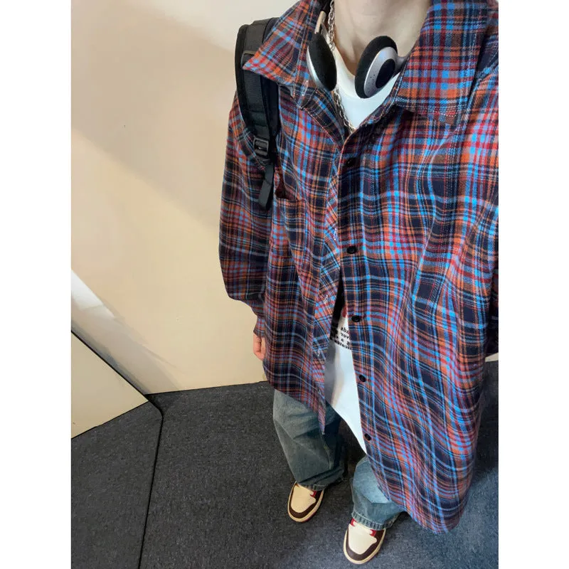 Jinquedai streetwear men outfits Japanese Retro Plaid Long-Sleeved Shirt Men's Spring and Autumn Oversize Loose plus Size Lapel Couple Coat