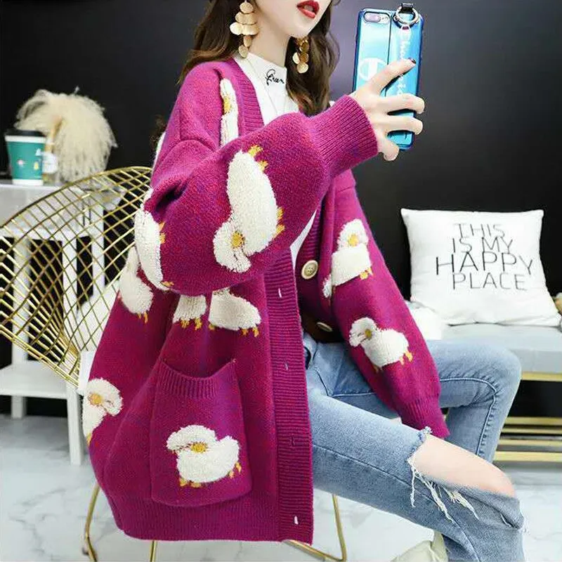 Joskaa Autumn Winter Knitted Female Cardigan Loose Streetwear Knit Sweater Coat Cute Cartoon Print V Neck knitted cardigan Women Jacket