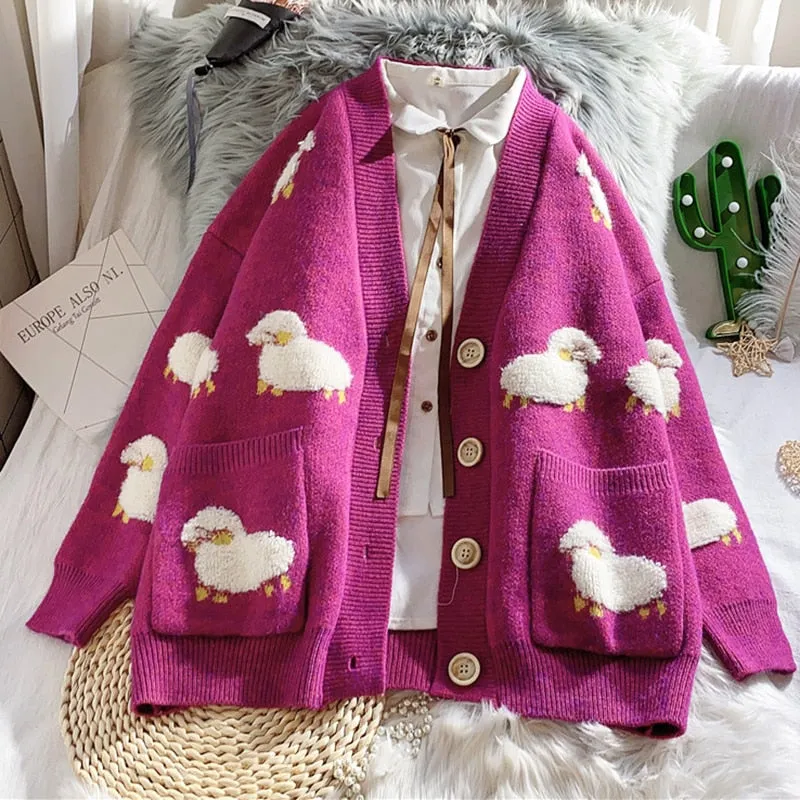 Joskaa Autumn Winter Knitted Female Cardigan Loose Streetwear Knit Sweater Coat Cute Cartoon Print V Neck knitted cardigan Women Jacket