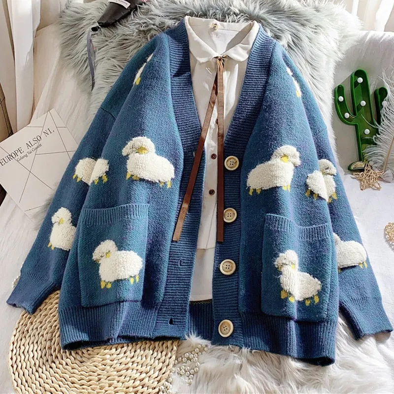 Joskaa Autumn Winter Knitted Female Cardigan Loose Streetwear Knit Sweater Coat Cute Cartoon Print V Neck knitted cardigan Women Jacket
