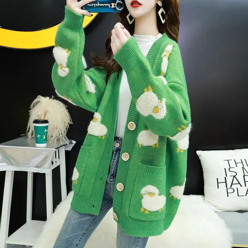 Joskaa Autumn Winter Knitted Female Cardigan Loose Streetwear Knit Sweater Coat Cute Cartoon Print V Neck knitted cardigan Women Jacket