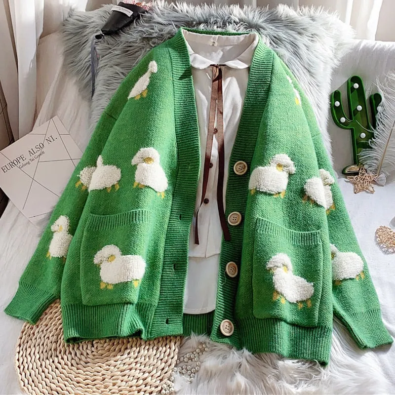 Joskaa Autumn Winter Knitted Female Cardigan Loose Streetwear Knit Sweater Coat Cute Cartoon Print V Neck knitted cardigan Women Jacket