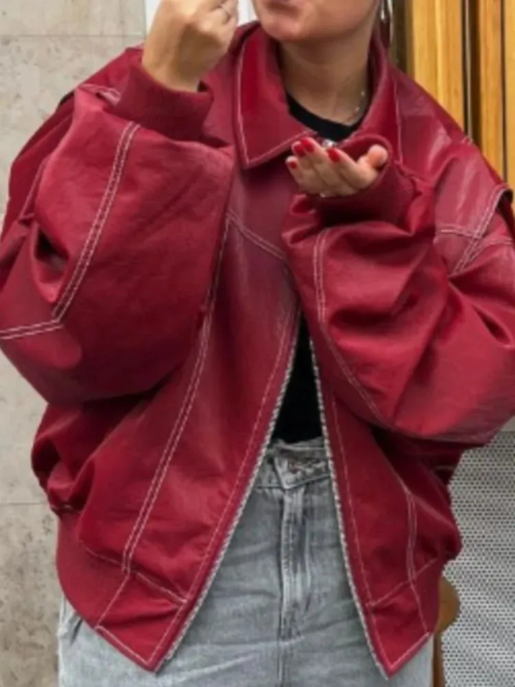 JOSKAA Women Red Lapel Zipper Leather Cropped Coat Autumn Casual Long Sleeve Patchwork Jacket 2024 Winter Fashion New Office Streetwear