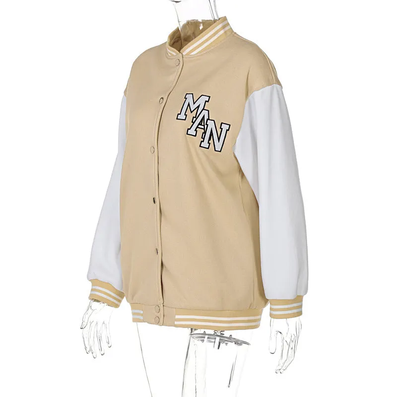 Khaki Cropped Varsity Jacket Autumn Single Breasted Stand Collar Embroidery Loose Casual Baseball Uniform