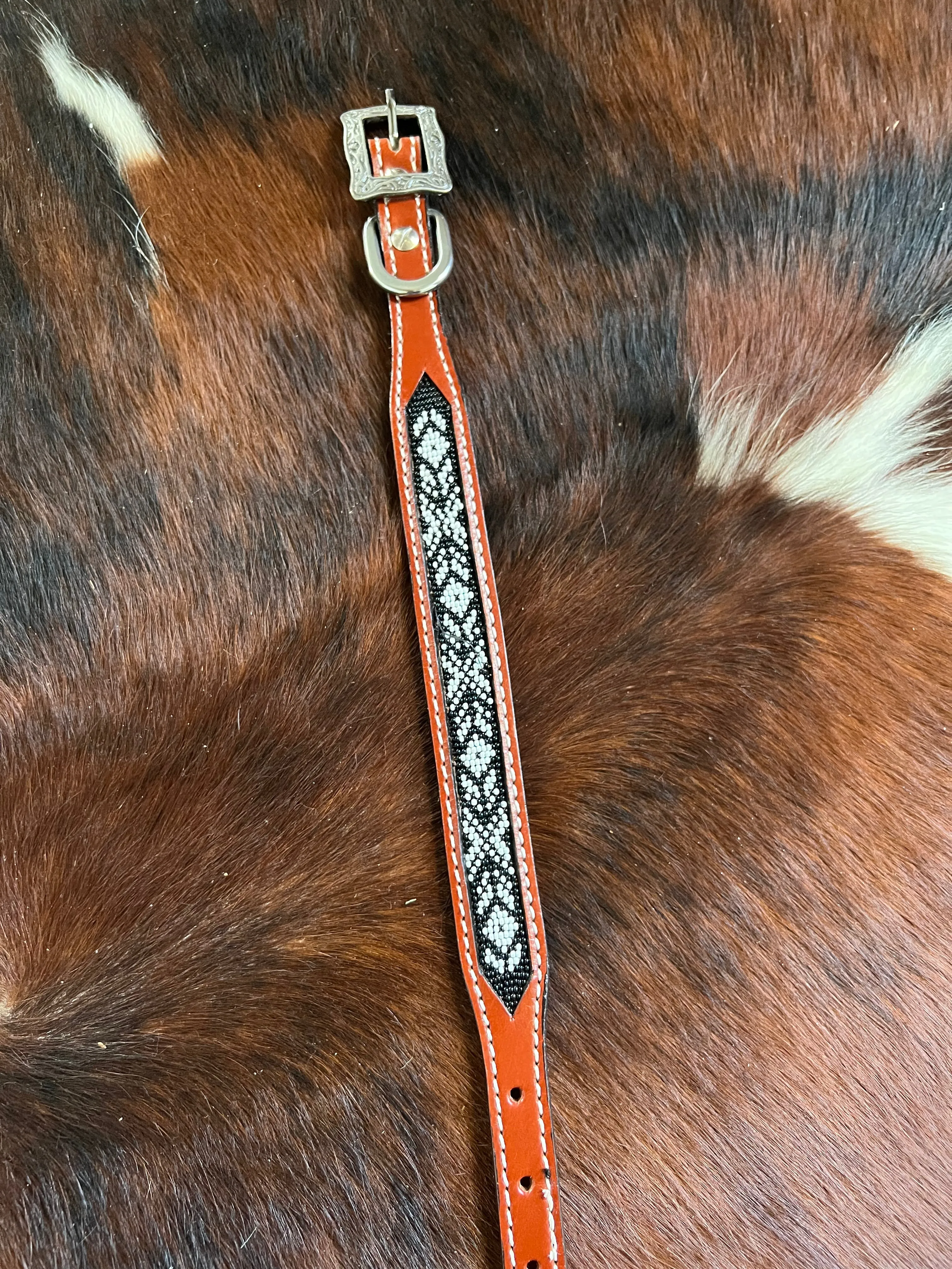 Leather Black & White Beaded Inlay Dog Collar