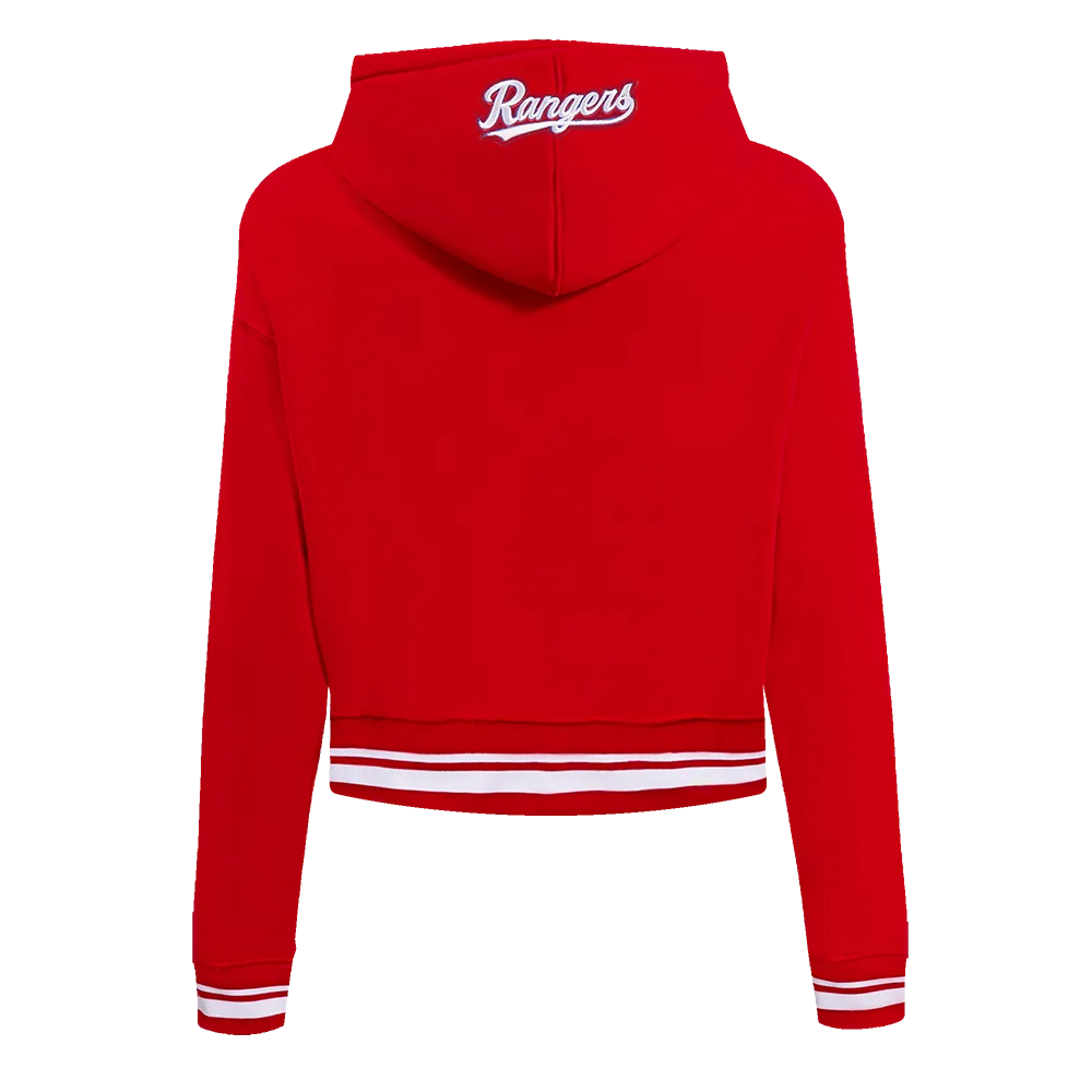 MLB TEXAS RANGERS SCRIPT TAIL WOMEN'S RIB FLC CROPPED PO HOODIE (RED)