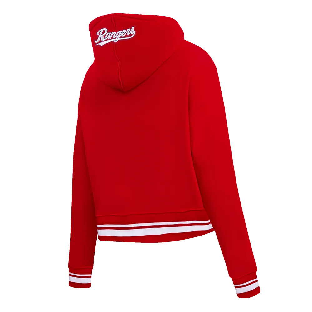 MLB TEXAS RANGERS SCRIPT TAIL WOMEN'S RIB FLC CROPPED PO HOODIE (RED)