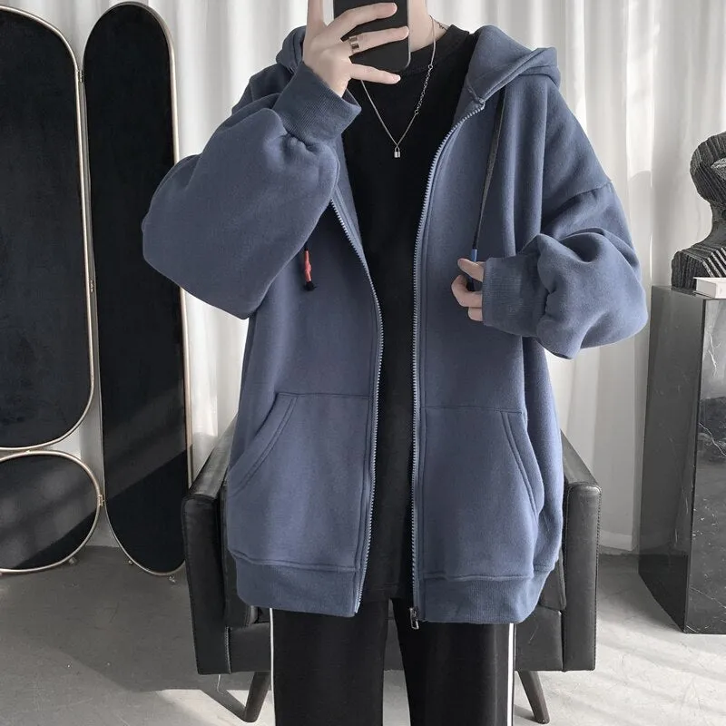 New Men's Hoodies Sweatshirts Zipper Hoodie Solid Color Hip Hop Mens Hooded Jacket Loose Track Hoodie Jacket Coat Streetwear