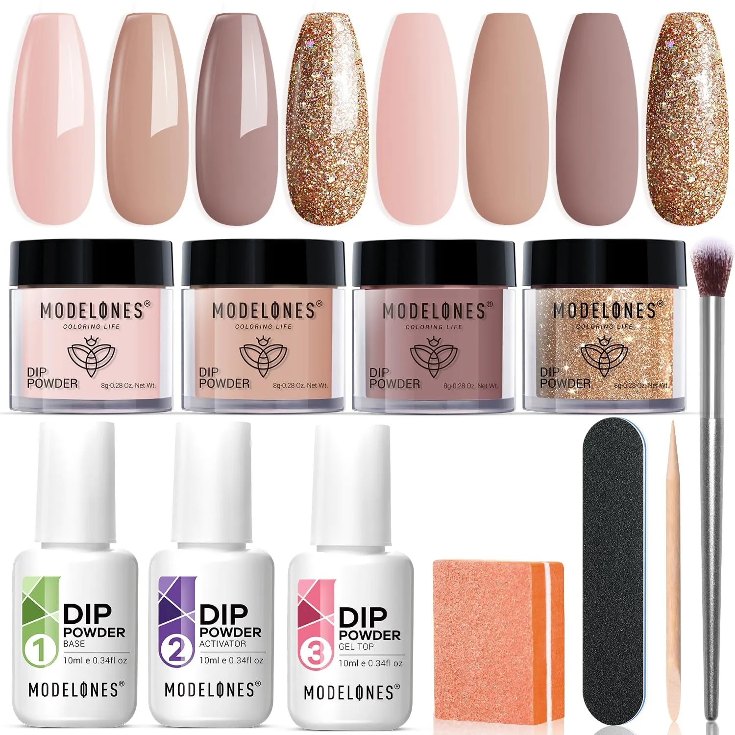 Nude Pink Glitter Dip Powder Nail Kit for Beginners - 4 Colors with Base, Top & Activator
