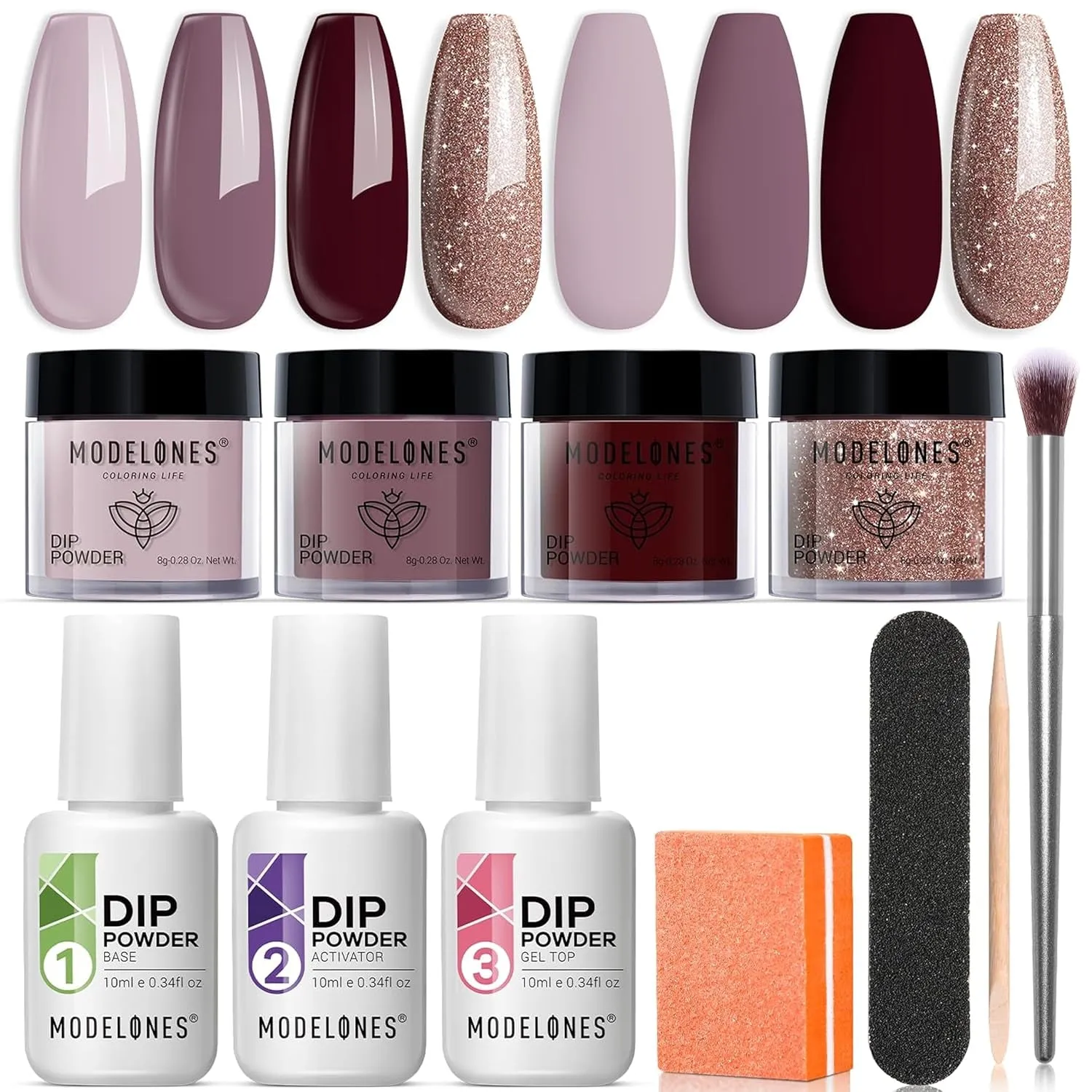 Nude Pink Glitter Dip Powder Nail Kit for Beginners - 4 Colors with Base, Top & Activator