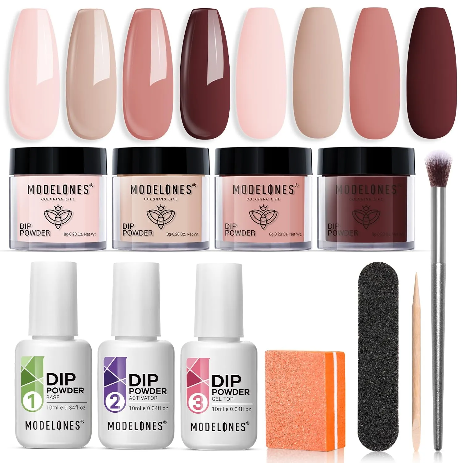 Nude Pink Glitter Dip Powder Nail Kit for Beginners - 4 Colors with Base, Top & Activator