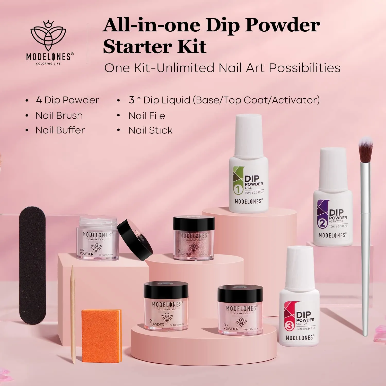 Nude Pink Glitter Dip Powder Nail Kit for Beginners - 4 Colors with Base, Top & Activator