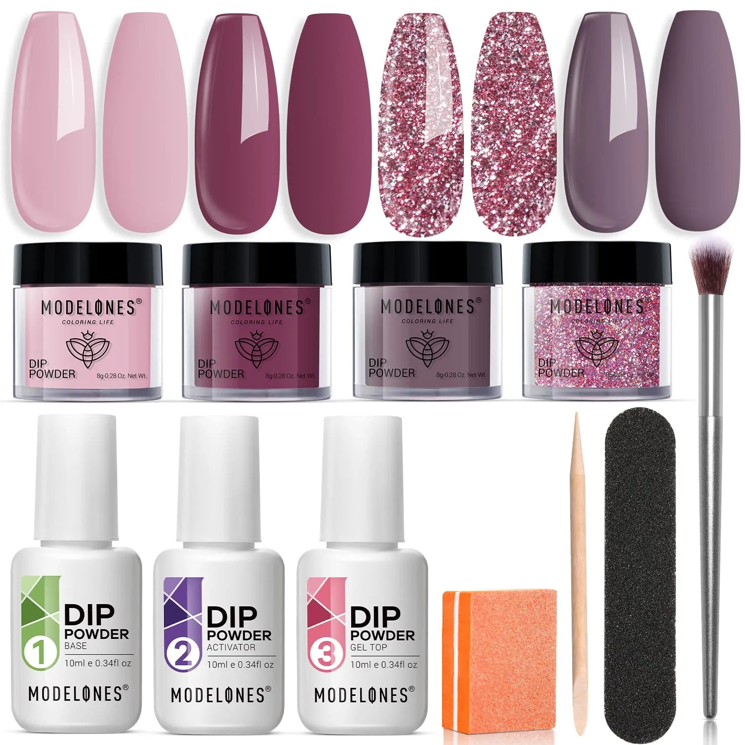 Nude Pink Glitter Dip Powder Nail Kit for Beginners - 4 Colors with Base, Top & Activator