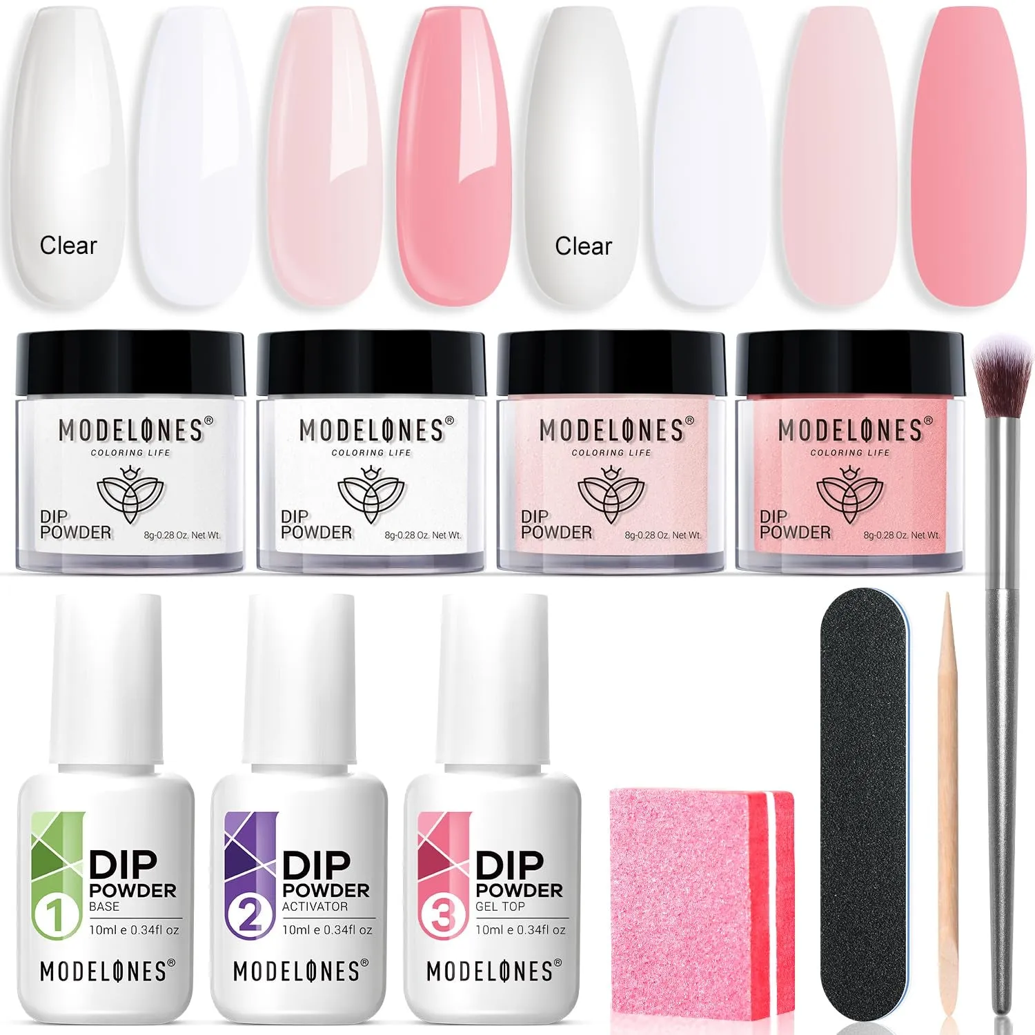 Nude Pink Glitter Dip Powder Nail Kit for Beginners - 4 Colors with Base, Top & Activator