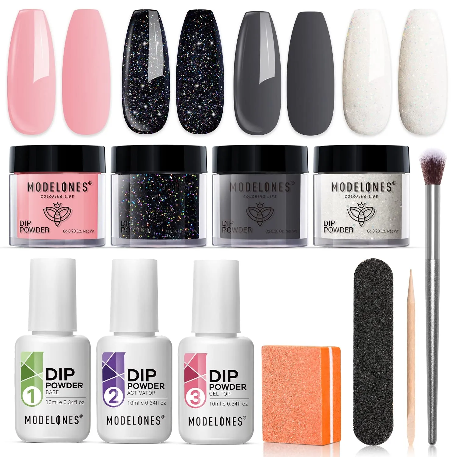 Nude Pink Glitter Dip Powder Nail Kit for Beginners - 4 Colors with Base, Top & Activator