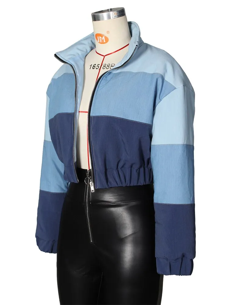 Purpdrank - Fall Patchwork Jakcets For Women Fashion Black Long Sleeve Winter Down Coat Female Blue Winter Zip Up Jakcets