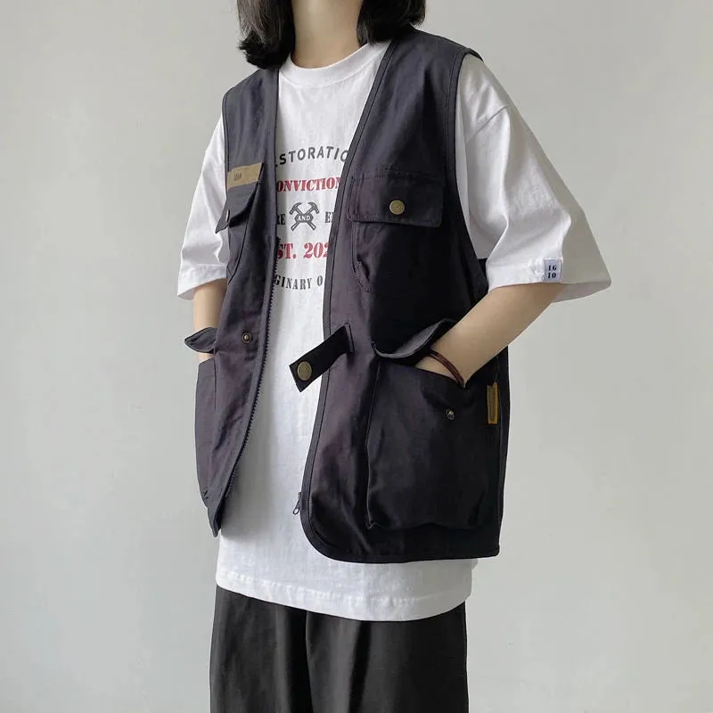 Streetwear Cargo Vests Women Button Pocket Sleeveless Loose Jacket Bf Hip Hop Vintage V Neck Chic Casual Tops Thin Coat