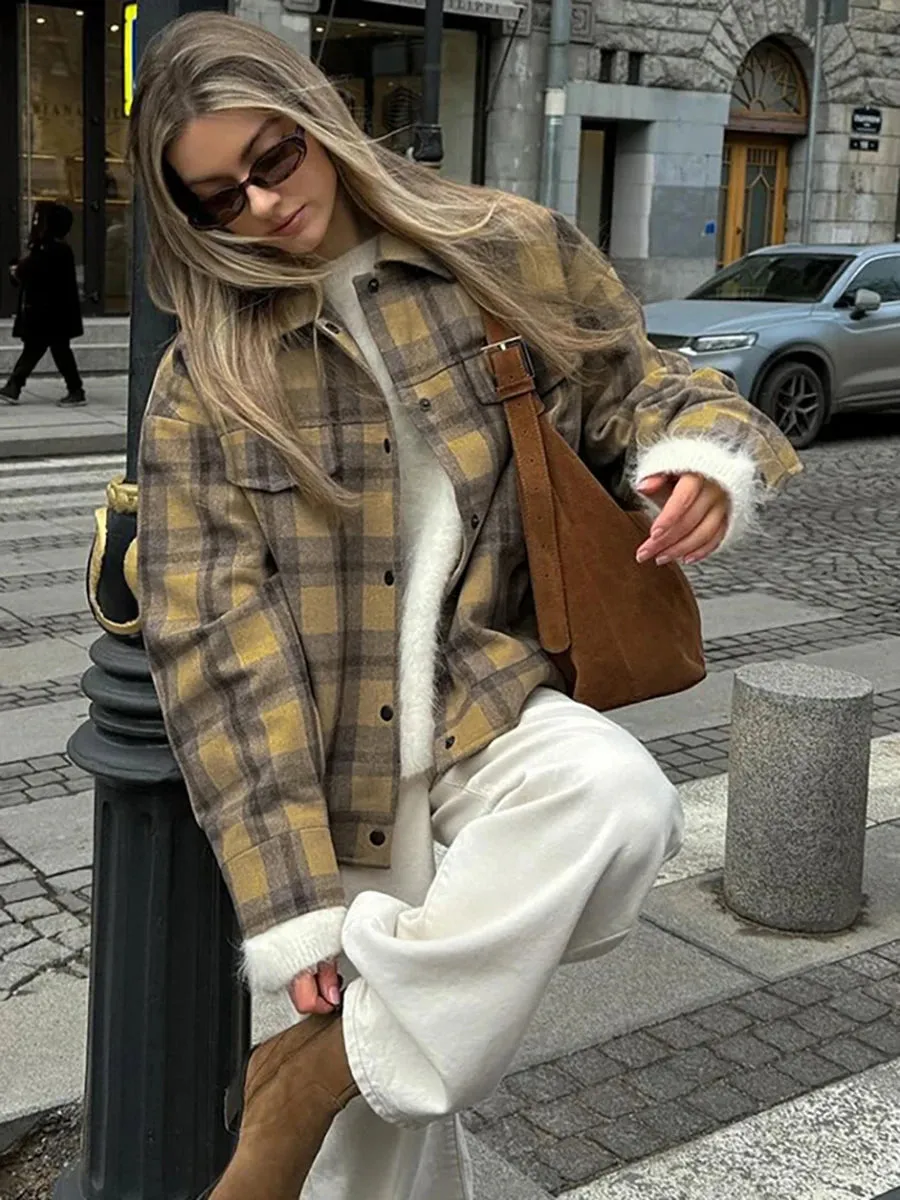 TAVIMART  -  New Plaid Contrast Jacket Women Autumn Winter Single Breasted Long Sleeve Outerwear Female Streetwear Vintage Fashion Coat