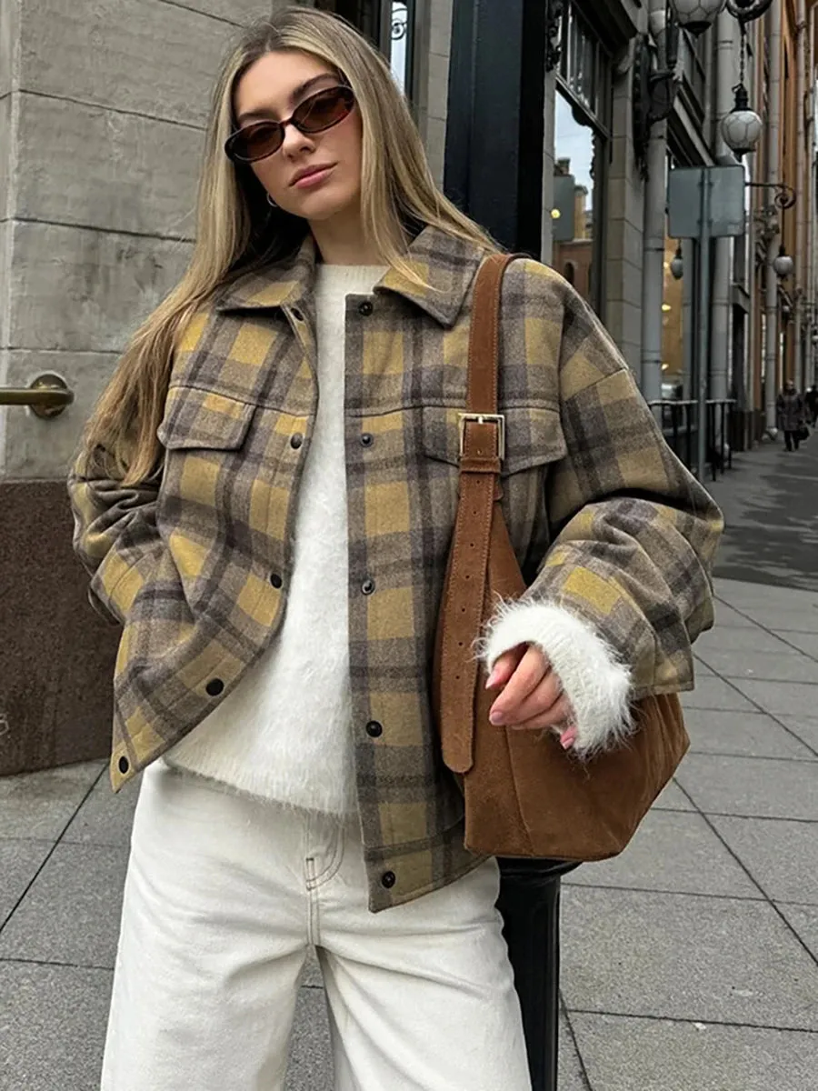 TAVIMART  -  New Plaid Contrast Jacket Women Autumn Winter Single Breasted Long Sleeve Outerwear Female Streetwear Vintage Fashion Coat