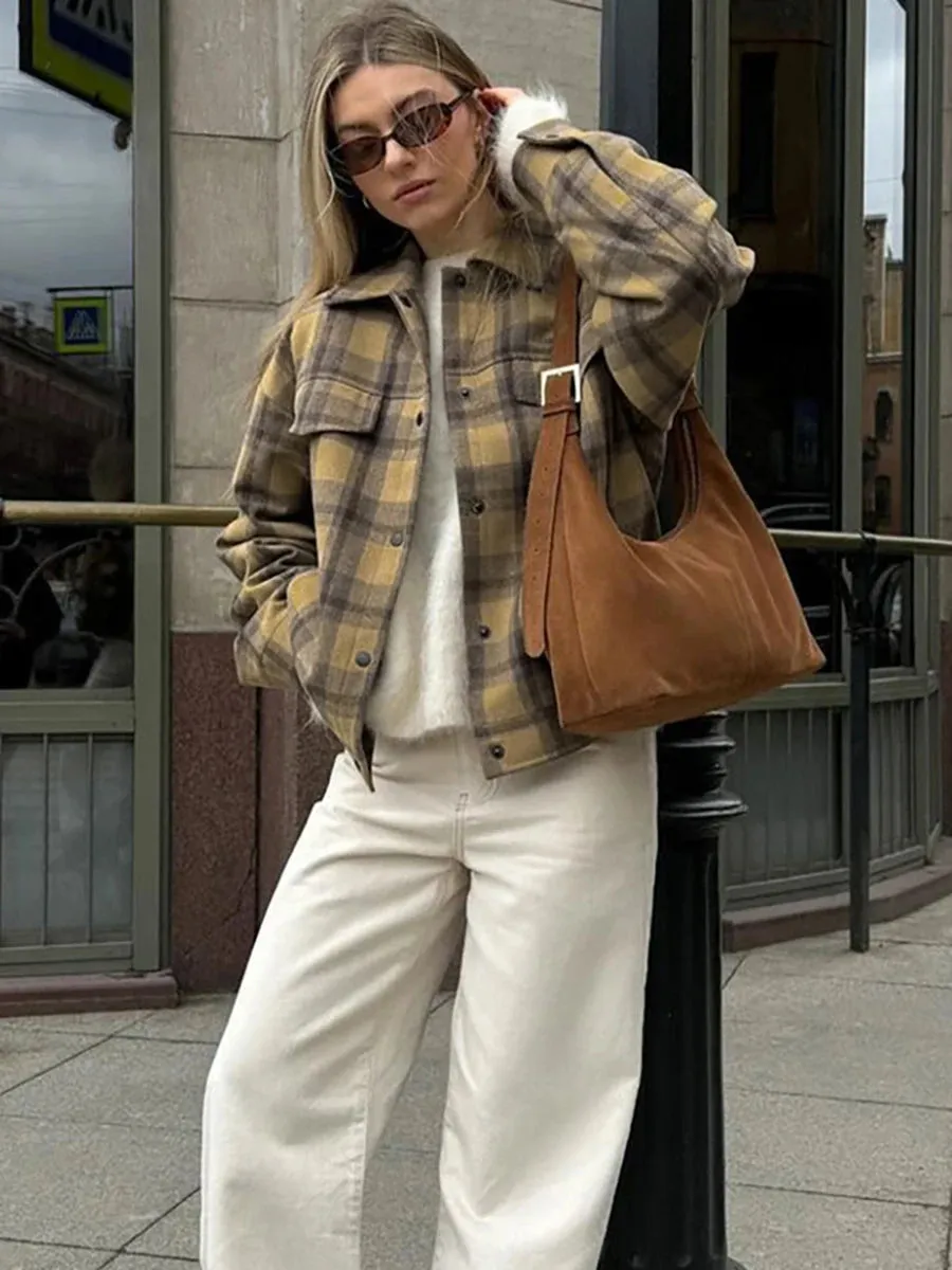 TAVIMART  -  New Plaid Contrast Jacket Women Autumn Winter Single Breasted Long Sleeve Outerwear Female Streetwear Vintage Fashion Coat