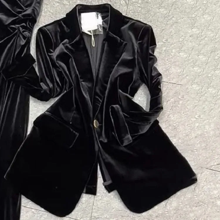 TAVIMART  -  Oversize Lapel Neck Long Sleeve Black Coat Women  Sexy Slim Fit Ruched Velvet Camisole Dresses Early Autumn New Two Piece Sets