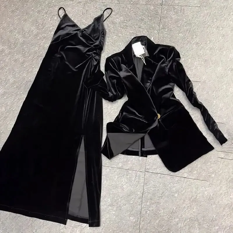 TAVIMART  -  Oversize Lapel Neck Long Sleeve Black Coat Women  Sexy Slim Fit Ruched Velvet Camisole Dresses Early Autumn New Two Piece Sets