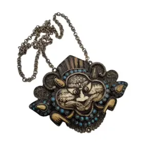 Tibetan nepal carved zeeba necklace, amulet with turquoises, kirtimukha.