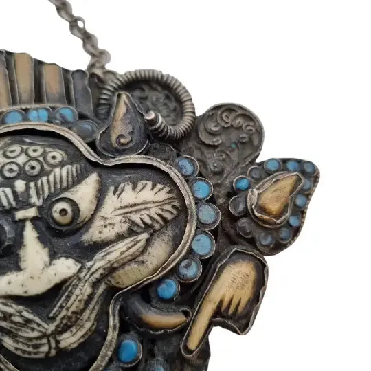 Tibetan nepal carved zeeba necklace, amulet with turquoises, kirtimukha.