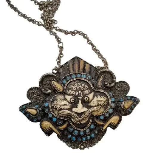 Tibetan nepal carved zeeba necklace, amulet with turquoises, kirtimukha.